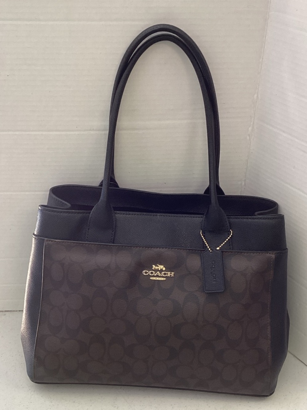 Coach Dark Brown Signature Canvas Tote with Black Trim